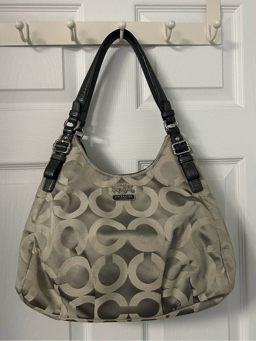 Coach Madison Maggie Grey Signature Canvas Shoulder Bag with Black Straps